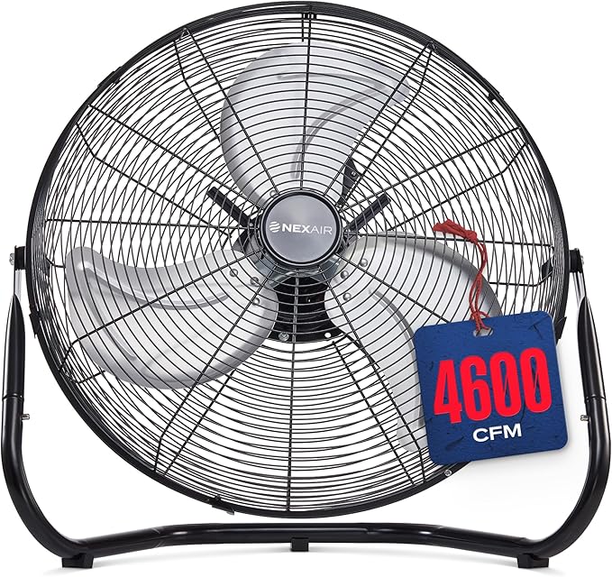 NEXAIR 3-Speed 20 In High-Velocity Heavy Duty Metal Industrial Floor Fan, 1800 CFM Powerful cooling fan for garage, Warhouse, Commercial, Residential Use, with 180° Adjustable Vertical Tilt