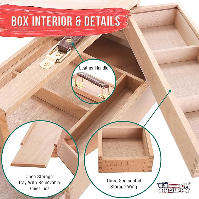 U.S. Art Supply Multi-Function Artist Tool Supply Box with Locking Clasps & Tool Storage Box - Wooden Art Box for Artist Supplies, Brushes, Pencils, Erasers, Tool Storage Organizer Case