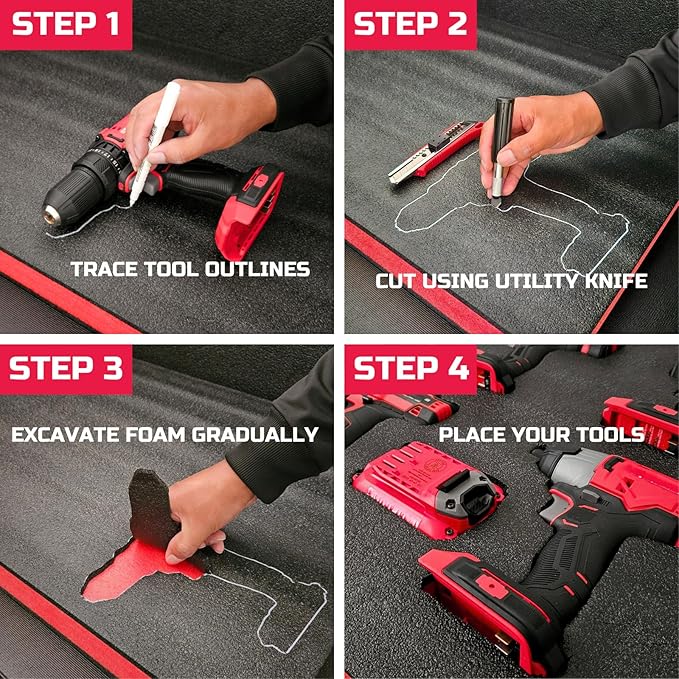 ONREVA Tool Box Foam 16x12x2 inch 3Pack, Foam Inserts for Cases, Polyethylene Storage Sheets for Toolbox Hard Case, Tool Shadow Insert, Kaizen Organizer Sheet, Black with Red