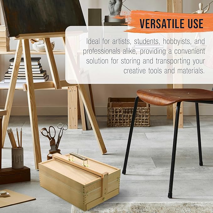 U.S. Art Supply Multi-Function Artist Tool Supply Box with Locking Clasps & Tool Storage Box - Wooden Art Box for Artist Supplies, Brushes, Pencils, Erasers, Tool Storage Organizer Case