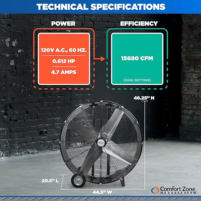 Comfort Zone CZMC42 High-Velocity Industrial Heavy Duty 2-Speed 2-Wheel Drum Fan with Aluminum Blades – 42"