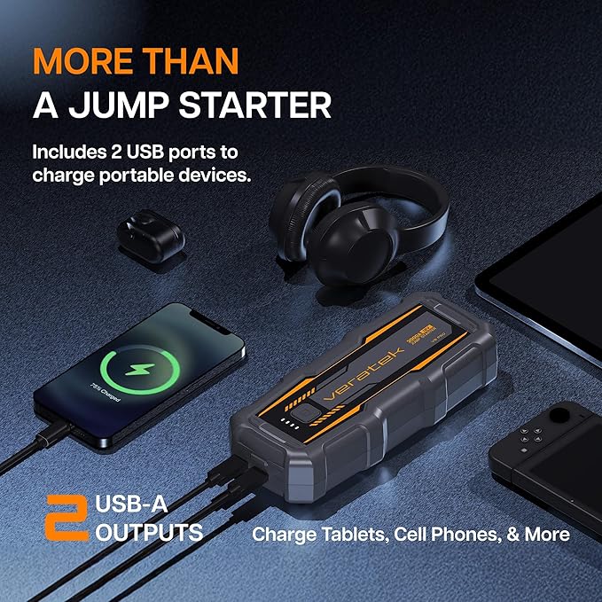 ReelCharge - Veratek V8 Pro 3000A Car Battery Jump Starter Portable (8.0L Gas & 6.0L Diesel) – 12V Lithium Battery Booster Pack with SmartCharge Safety, Jumper Cables, 20000mAh Power Bank, Jump Box.