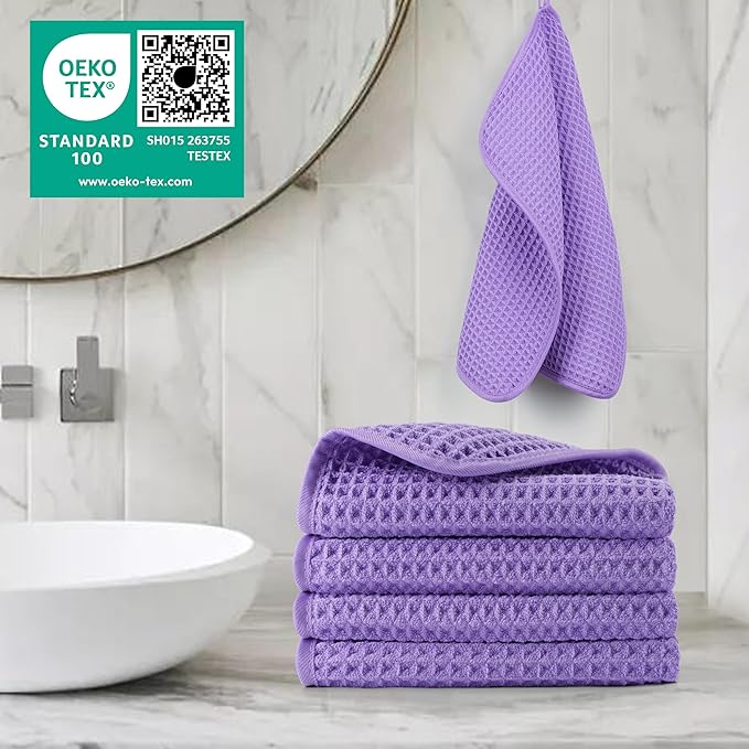 POLYTE 430 GSM Microfiber Lint Free Washcloth Face Towel, 13 x 13 in, 4 Pack (Waffle Weave)