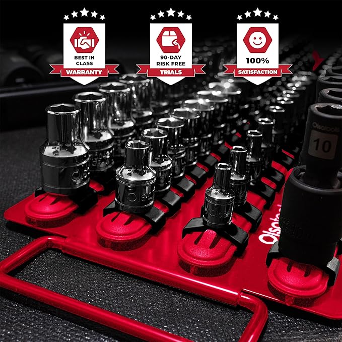 Olsa Tools Socket Organizer Tray - Portable Red Rail with Black Clips - Stores 80 Sockets Securely - Professional-Grade Socket Holder - Part 1047