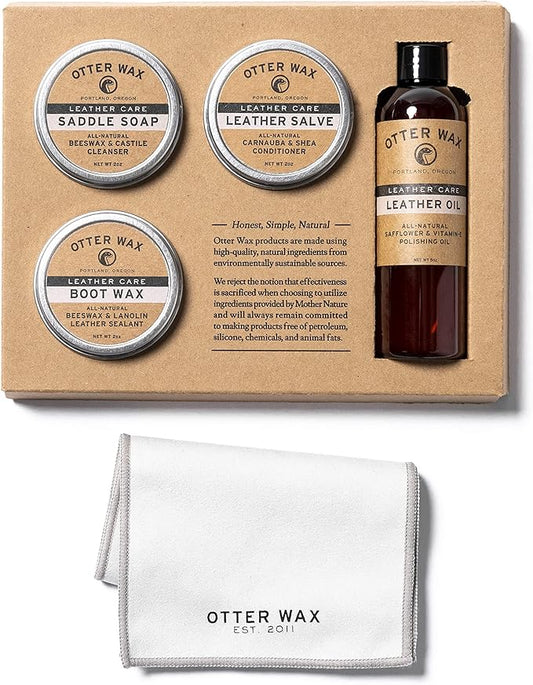 Otter Wax Leather Care Kit | 100% All-Natural Leather Care Products | Made In The USA | Includes Saddle Soap & Leather Salve | Color Safe | Ideal for Shoes, Boots, Jackets, Car Interiors