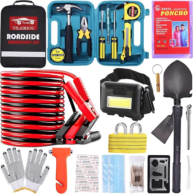 Car Roadside Emergency Kit, with Jumper Cables Automotive Kit,Car Safety Roadside Assistance Kit Headlamp,Tow Straps, Safety Hammers, Rainwear, Gloves.Black