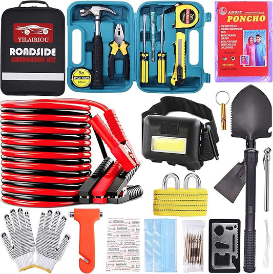 Car Roadside Emergency Kit, with Jumper Cables Automotive Kit,Car Safety Roadside Assistance Kit Headlamp,Tow Straps, Safety Hammers, Rainwear, Gloves.Black
