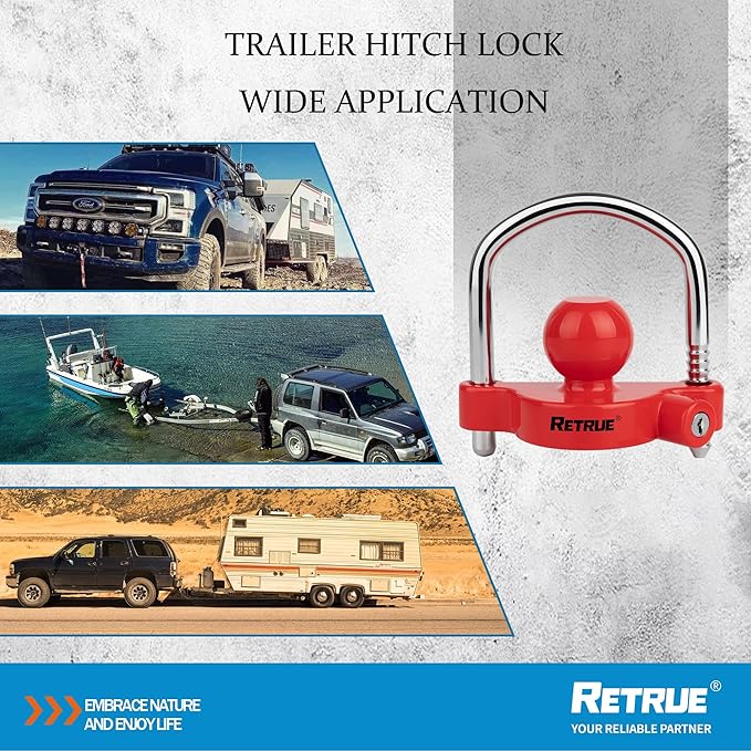 RETRUE Universal Coupler Lock Trailer Locks Ball Hitch Trailer Hitch Lock Adjustable Security Heavy-Duty Steel Fits 1-7/8 Inch, 2 Inch, 2-5/16 Inch Couplers, Red