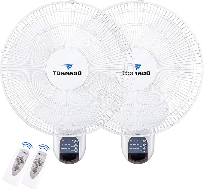 Tornado 2 Pack 16 Inch Wall Mounted Fan for Home, 90°Oscillating, Remote Control, 3 Speed 2650 CFM 6 FT Cord UL Safety Listed