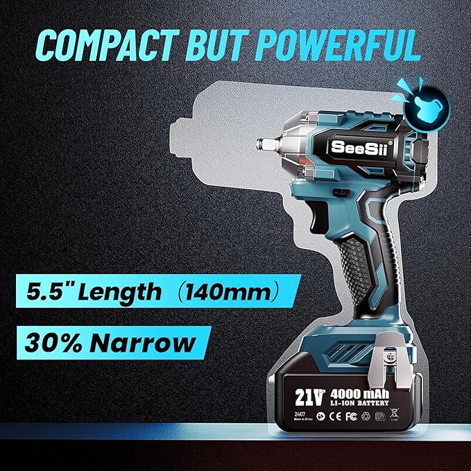 Seesii 3/8" Cordless Impact Wrench, Power Impact Gun w/Max Torque 330Ft-lbs(450N.m), 4.0Ah Rechargable Battery & 4 Sockets, Compact Power Impact Wrench for Lightduty Work Car Home,WH450