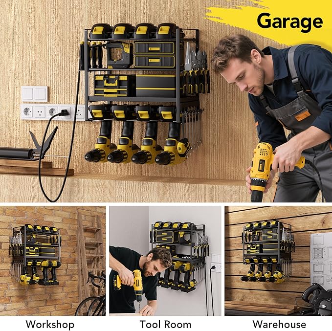 Power Tool Organizer, Metal 4 Layer Heavy Duty Drill Holder, 4Tier Wall Mount Garage Tool Organizers and Storage with Screwdriver/Pliers/Hook Holder,Red Utility Racks gifts for men