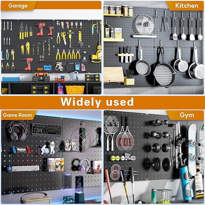 Peg Board, 114PCS Heavy Duty Metal Pegboard with Hooks, 8 Pack Black Peg Board Panels, 60lbs Load Capacity Each, Pegboard Wall Organizer for Garage, Workshop, Kitchen, Craft Rooms