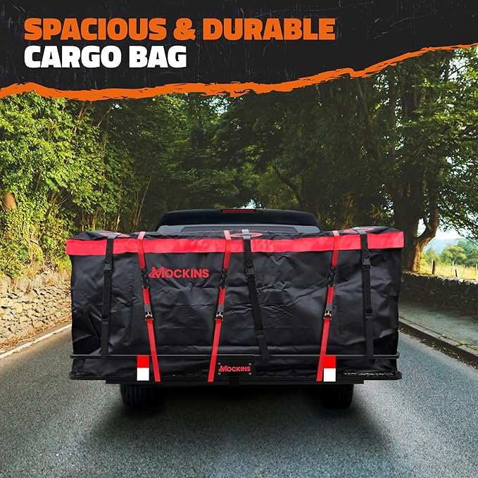 Mockins 40 CuFt XXL Trailer Hitch Cargo Carrier Bag | 70"x30"x33" Heavy Duty Vinyl Cargo Bag for Hitch Carrier | Versatile Waterproof Truck Bed Storage | Vehicle Soft-Shell Carriers with Accessories
