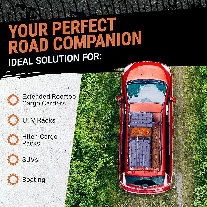 Grit Performance Cargo Net for SUV - 3 x 4 Foot, Heavy-Duty, Mesh Square Bungee Netting with 12 Hooks, 12 Black Clips and Storage Bag - Holds Small and Large Loads