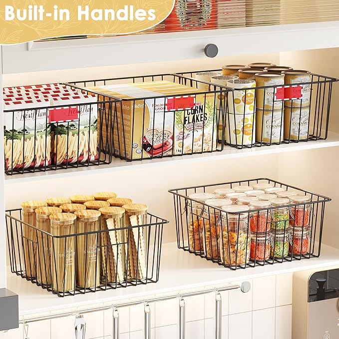 X-cosrack Metal Wire Baskets for Pantry Organization and Storage Freezer Organizer Bins with Handles 4 Pack- Extra Large Mesh Bin for Pantry Kitchen Laundry Closet Garage Patent Design