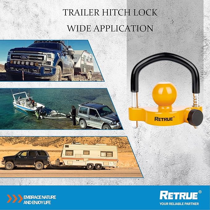 RETRUE Universal Trailer Ball Lock Hitch Coupler Locks Fits 1-7/8 Inch, 2 Inch, 2-5/16 Inch Couplers Adjustable Security with Weatherproof Cover and Cap, Yellow