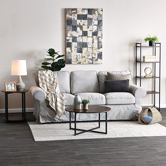 Household Essentials Jamestown Narrow 5 Shelf Open Storage Bookshelf Mid Century Walnut Wood Grain and Black Metal