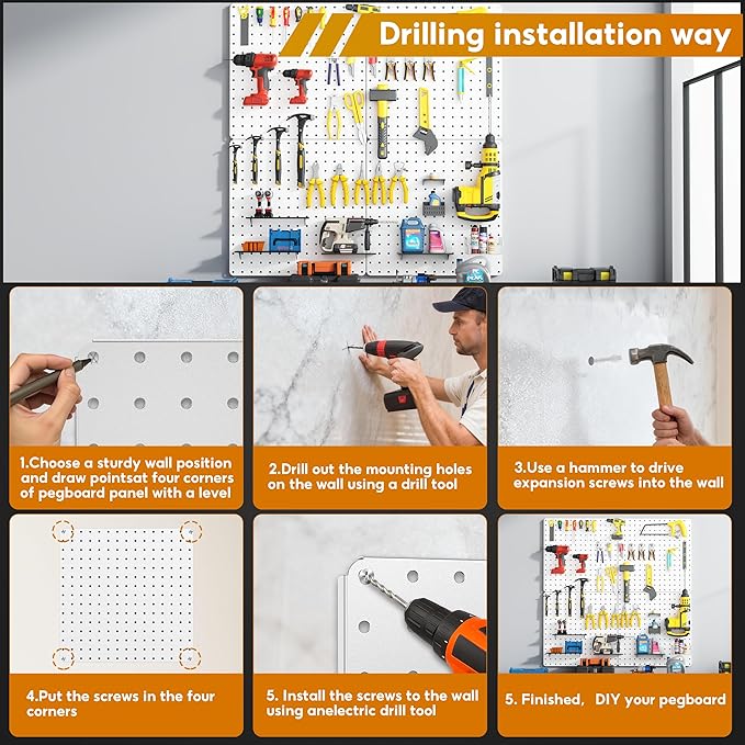 Peg Board, Total 32” x 32”, 68PCS Heavy Duty Metal Pegboard with Hooks, 4 Pack White Peg Board Panels, 50lbs Load Capacity Each, Pegboard Wall Organizer for Garage, Workshop, Craft Rooms
