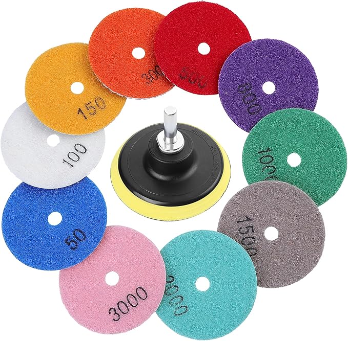 Diamond Polishing Pads 3 inch Wet/Dry Polishing Kit 10pcs 50#-3000# Grit Pads Plus a Backer Pad for Granite Concrete Marble Polishing