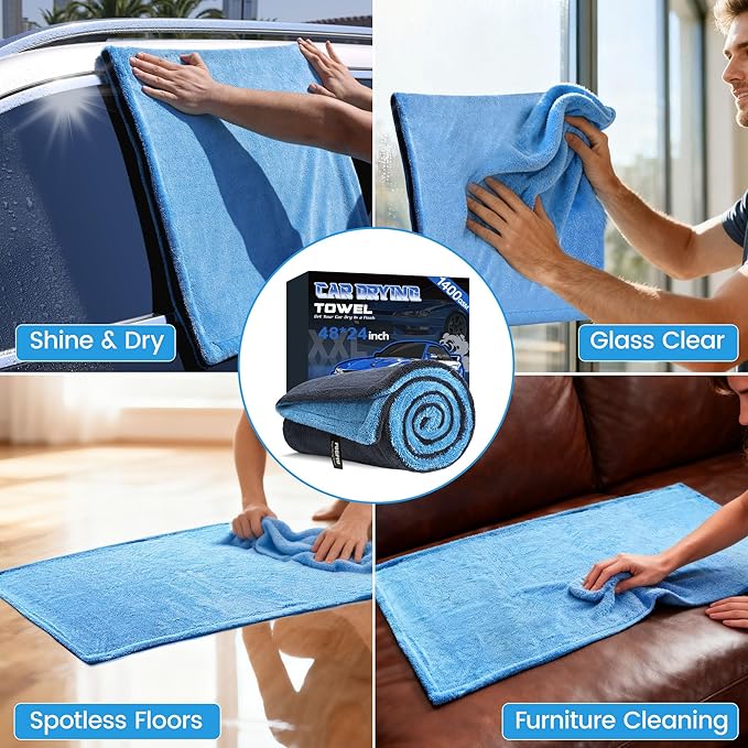 PUGPIU Microfiber Car Drying Towel Extra Large Super Absorbent 48"X24", 1400 GSM Flash Detail Car Wash Drying Towel Edgeless with Two Sided Soft Twisted-Loop, No Water Spots Streaks for Cars (Blue)