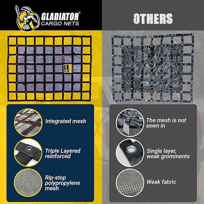 Gladiator Cargo Nets - Heavy Duty Cargo Net - Truck Organizer-Interior-Roof Rack-Jeep-SUV- Baja-Camping -(GBN-100) 4' x 4'