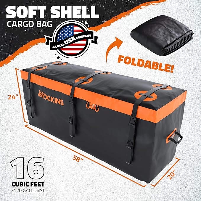 Mockins 16 Cu.Ft. Trailer Hitch Cargo Carrier Bag | 58"x20"x24" Abrasion-Resistant Vinyl Cargo Bag for Hitch Carrier | Waterproof Truck Bed Storage Set w/Buckle Straps, Combination Lock & Carry Case