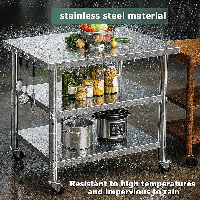 Stainless Steel Table with Wheels for Food Preparation and Work, Multi-Size Optional, Three-Layer Variable Two-Layer Metal Commercial Workbench Outdoor, Restaurant, Kitchen (44" Lx24 Wx34 H)