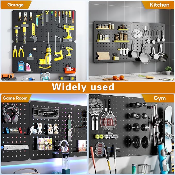 Peg Board, 68PCS Heavy Duty Metal Pegboard with Hooks, 4 Pack Black Peg Board Panels, 50lbs Load Capacity Each, Pegboard Wall Organizer for Garage, Workshop, Craft Rooms Total 24” x 24”