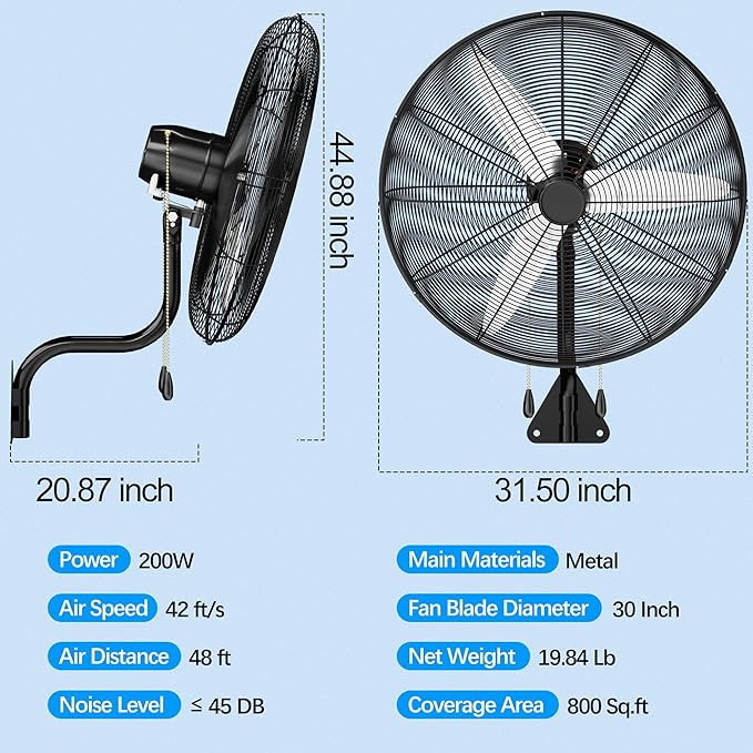 Uthfy 30 Inch High Velocity Wall Mount Fan, 11200CFM Outdoor Industrial Fan with Dual Pull Cord Control, 6 FT Cord, 3 Speeds, Heavy Duty Oscillating Fan for Indoor, Garage, Patio, Workshop Use