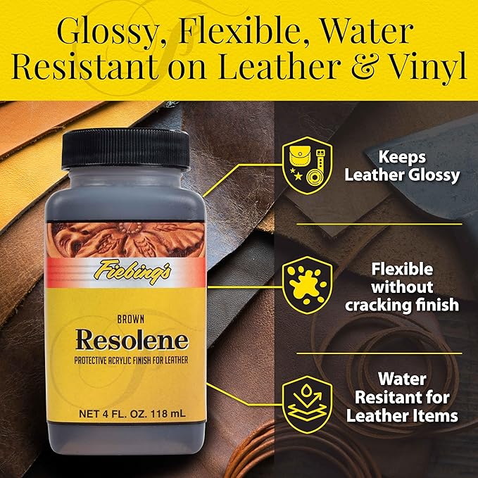 Fiebing's Acrylic Resolene (4 oz) - Protective Acrylic Leather Finisher - Glossy Finish Top Coat for Dyed & Polished Leathercraft - Flexible, Durable, Water Resistant for Boots, Couch, Purse (Brown)