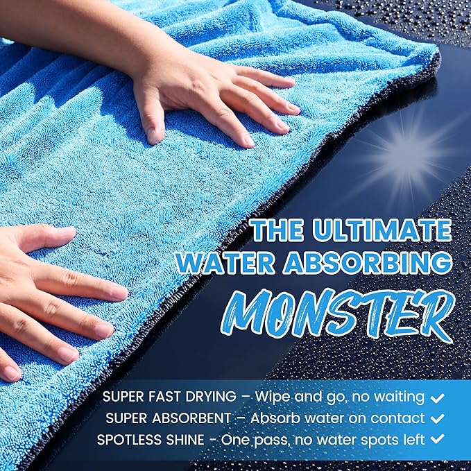 PUGPIU Car Drying Towel - 1400GSM Extra Large Super Absorbent Microfiber Towels for Cars 24"x36" - Large Edgeless with Twisted Loop, Lint-Free & Streak-Free for Auto Detailing, SUV, Truck (Blue)