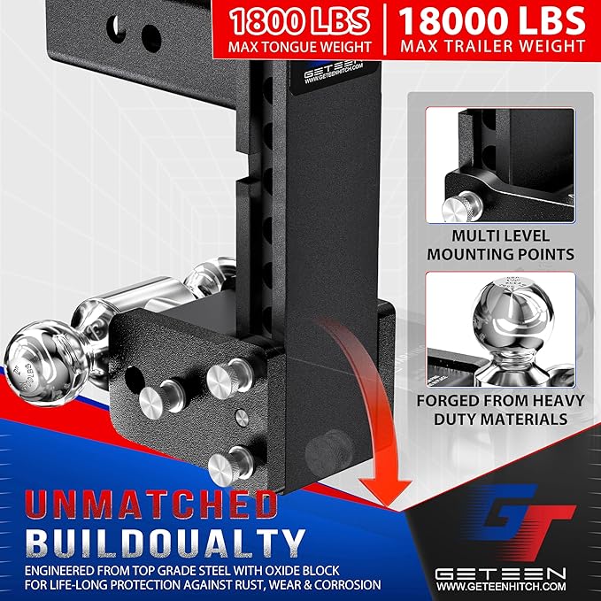 Geteen Trailer Hitches, Adjustable Trailer Hitch Ball Mount - Fits 2.5" Receiver, Dual Ball (2" x 2-5/16"), 7" Drop, 15,000 GTW - GT25072B