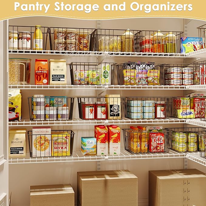 X-cosrack Metal Wire Baskets for Pantry Organization and Storage Freezer Organizer Bins with Handles 4 Pack- Extra Large Mesh Bin for Pantry Kitchen Laundry Closet Garage Patent Design