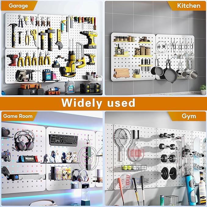 Peg Board, 70PCS Heavy Duty Metal Pegboard with Hooks, 6 Pack White Peg Board Panels, 50lbs Load Capacity Each, Pegboard Wall Organizer for Garage, Workshop, Craft Rooms Total 24” x 36”