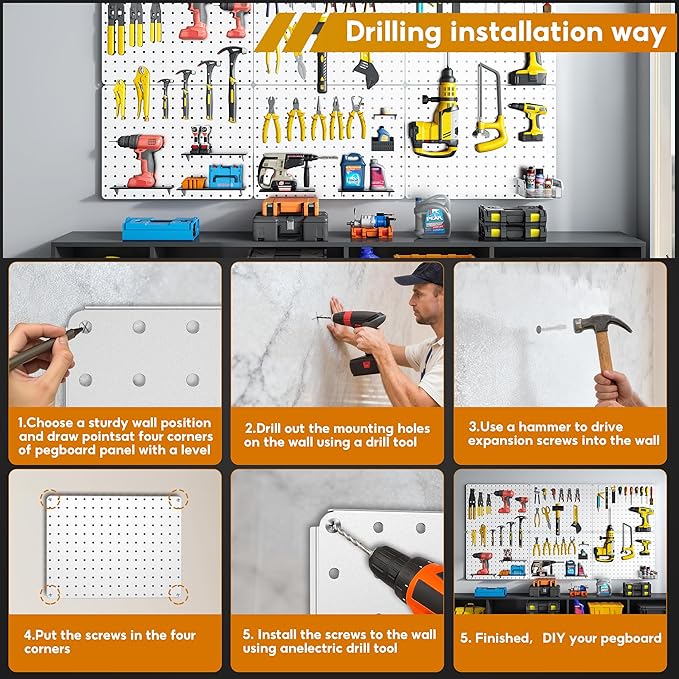 Peg Board, 112pcs Metal PegBoard Organizer with Accessories, 6 Pack 16'' x 12'' White Pegboard Panels with Hooks, Wall Organizer for Craft Room,Sewing Room,Office,Garage,Kitchen