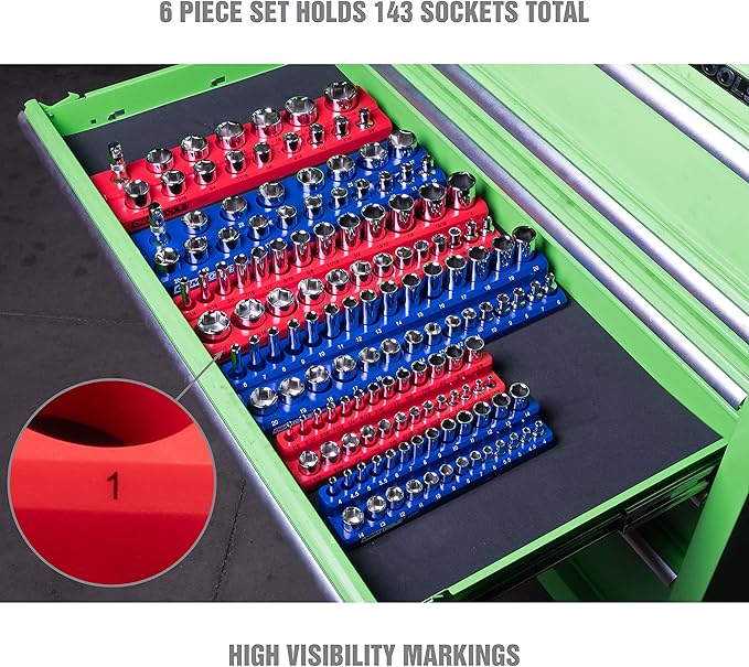 OEMTOOLS 22489 6 Pack Set Metric and SAE Magnetic Socket Organizers, Tool Box Socket Organizer for 1/4, 3/8, and 1/2 Inch Drive Sockets, Red and Blue