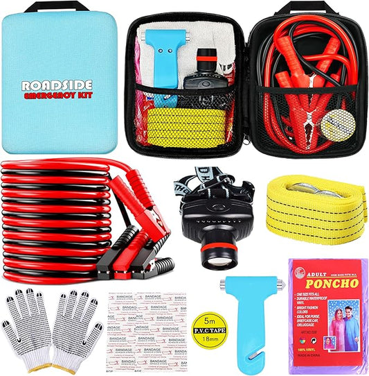 Car Roadside Emergency Kit, with Jumper Cables Automotive Kit,Car Safety Roadside Assistance Kit Headlamp,Tow Straps, Safety Hammers, Rainwear, Gloves.Black