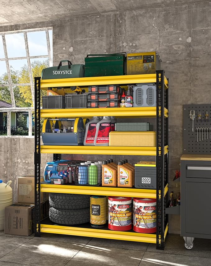 Garage Shelving Heavy Duty 2500LBS Loads, 48" W Adjustable Garage Storage Shelves, 5-Tier Metal Shelving Units and Storage, Industrial Utility Shelf, 48" Wx18 Dx78 H,Yellow