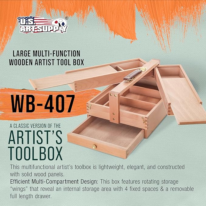 U.S. Art Supply Multi-Function Artist Tool Supply Box with Locking Clasps & Tool Storage Box - Wooden Art Box for Artist Supplies, Brushes, Pencils, Erasers, Tool Storage Organizer Case