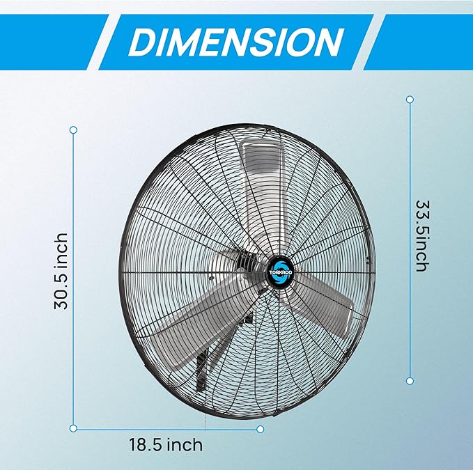 Tornado Pro Series 30 Inch High Velocity Wall Mount Fan, Oscillating Industrial & Commercial Fan, 2-Speed, 8400 CFM, 1100 RPM, 1/3 HP, 6.6 FT Cord, UL Safety Listed