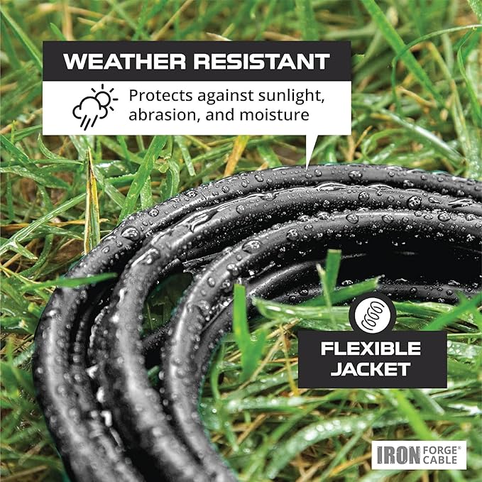 Iron Forge Cable 10 ft Lighted Outdoor Extension Cord - 10/3 SJTW Heavy Duty Black Extension Cable with 3 Prong 15 AMP Grounded Plug for Safety