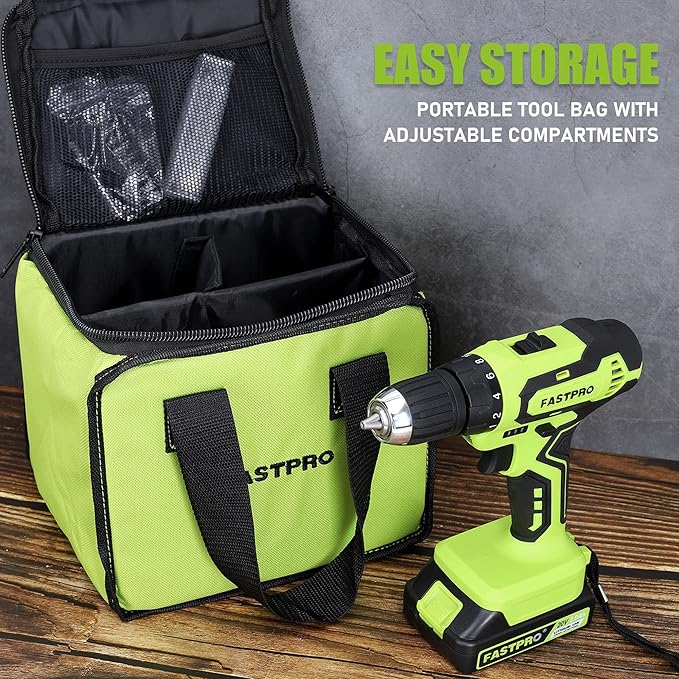 FASTPRO 20V Max Cordless Drill set, 3/8 in. Power Drill Driver kit with One 1.5 Ah Lithium-ion Batteries, Charger and Tool Bag, Green