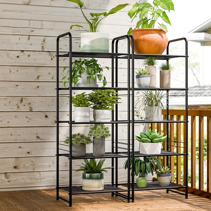 5 Tier Shelf, Heavy Duty Metal Bathroom Shelf Plant Stand, Stackable, Black