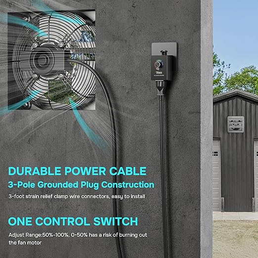 Simple Deluxe 14 Inch Wall Mounted Shutter Aluminum Exhaust Fan with Speed Controller and Power Cord Kit, 1600 RPM, 1000 CFM, for Attic, Garage, Louvered Vent, Plant, Greenhouse, Silver
