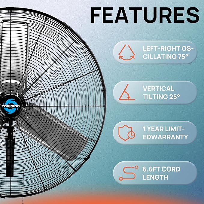 Tornado Pro Series 30 Inch High Velocity Wall Mount Fan, Oscillating Industrial & Commercial Fan, 2-Speed, 8400 CFM, 1100 RPM, 1/3 HP, 6.6 FT Cord, UL Safety Listed