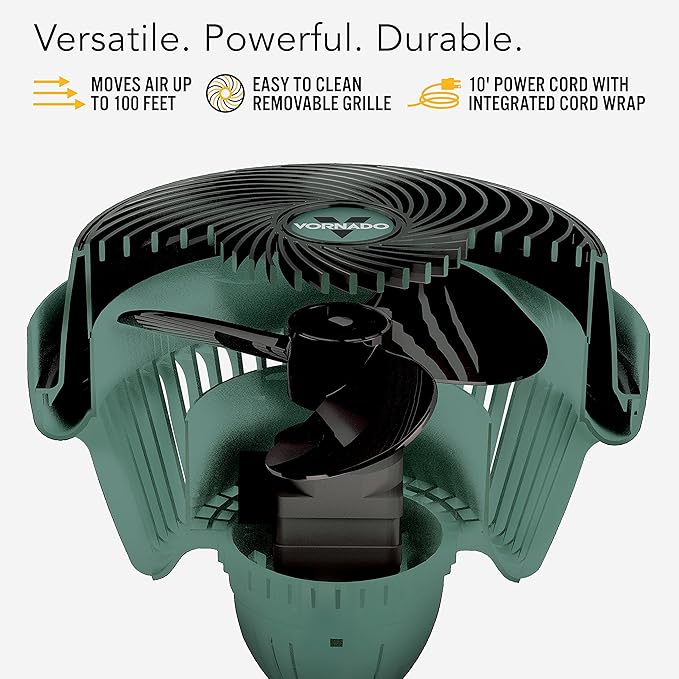 Vornado 293 Large Heavy Duty Shop Fan, 3 Speed Electric Fan, High Impact Casing, IP54-Rated Motor, Whole Room Air Circulator, Pivoting Head, Carry Handle, 16” Floor Fan for Bedroom and Garage, Green