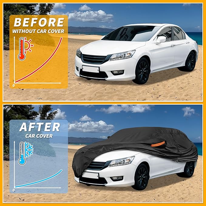 Universal Car Cover Waterproof All Weather 210D-PU, UV Sun Rain Protection, Fits for Sedan Length 187"-198", with Left Side Zipper, Black
