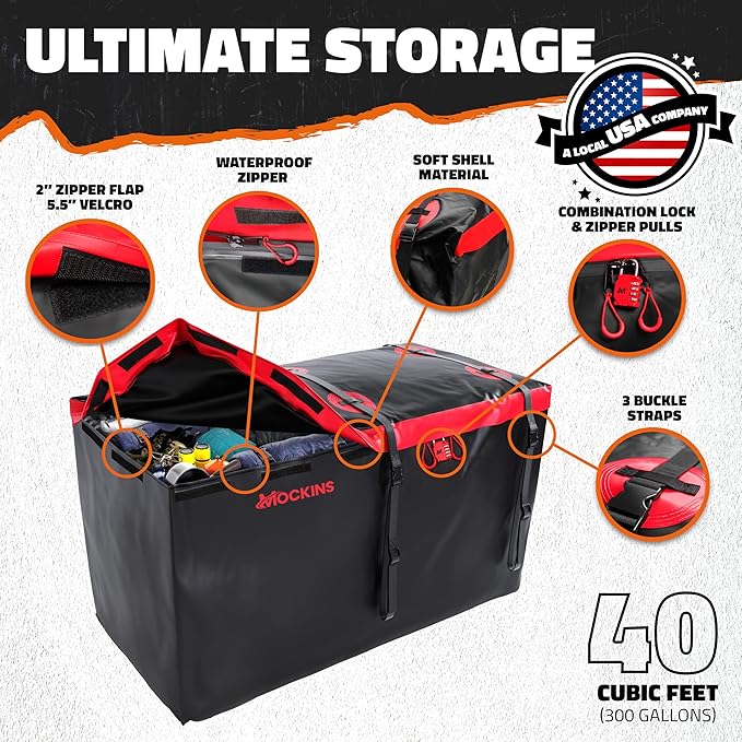 Mockins 40 CuFt XXL Trailer Hitch Cargo Carrier Bag | 70"x30"x33" Heavy Duty Vinyl Cargo Bag for Hitch Carrier | Versatile Waterproof Truck Bed Storage | Vehicle Soft-Shell Carriers with Accessories