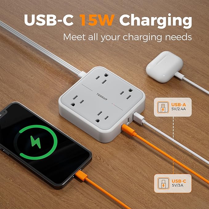 Extension Cord 10 ft, TESSAN Surge Protector Power Strip Long Cord with 3 USB(1 USB C) 4 Outlets, 900 Joules Protection, Small Desktop Multiple Charging Station for Home School Dorm Room Office, Grey