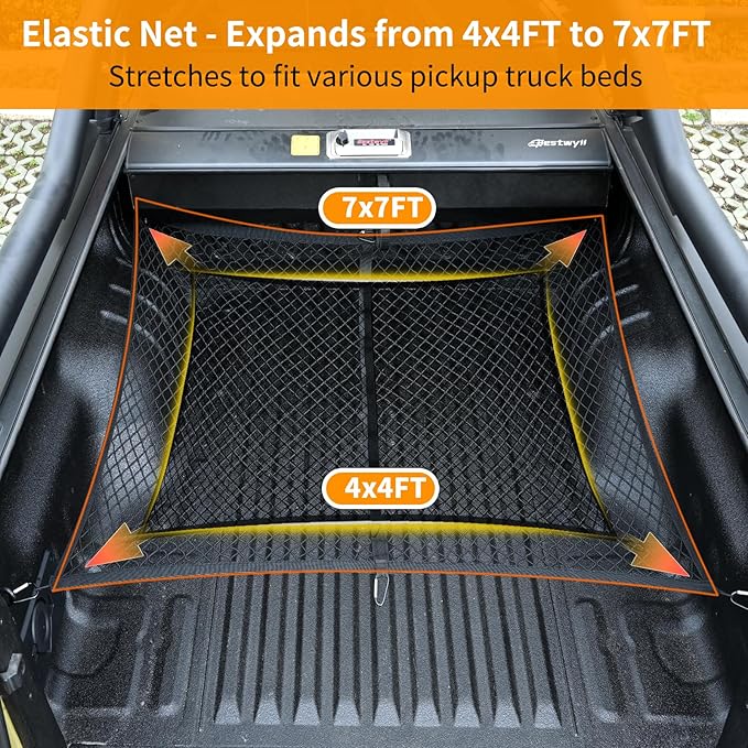 Highly Elastic Cargo Net - Heavy-Duty Truck Bed Cargo Net for Pickup Trucks, Vans, and SUVs | 4x4 FT Stretches to 7x7 FT, Perfect for Daily Light Loads